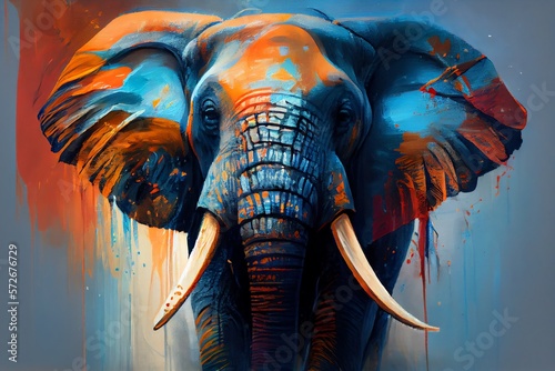 A Painting Of An Elephant With Blue And Orange Paint On It'S Face And Tusks And Tusks On Its Head. Generative AI