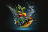 Different vegetables fly apart against the background with splashes of water. 
