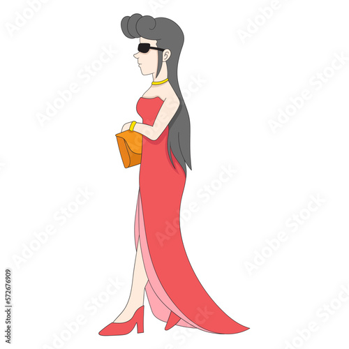 rich girl in elegant red dress going to a party