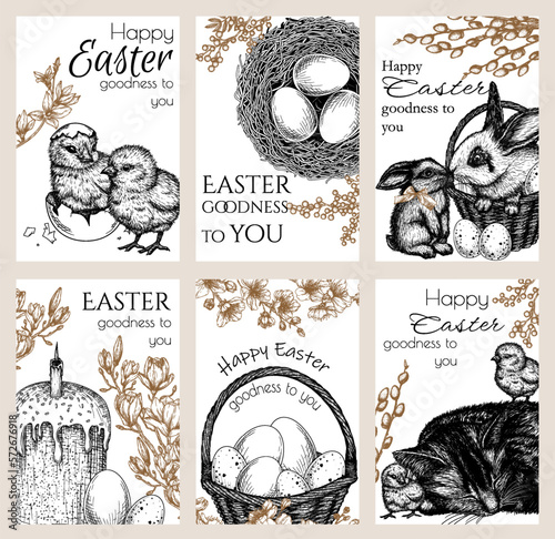 Vector set of 6 different cards for Easter. Chicks, rabbit in a basket, eggs, Easter cake, nest, spring flowering trees, willow in the style of engraving