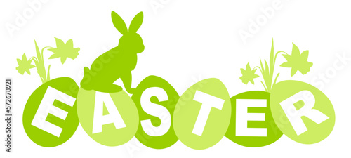 Happy easter holiday background banner panorama vector illustration for logo or greeting card - Green silhouette of Easter bunny, easter eggs and daffodils with text, isolated on white background