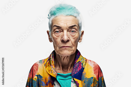 Generative AI illustration of senior punk woman with trendy hairstyle photo