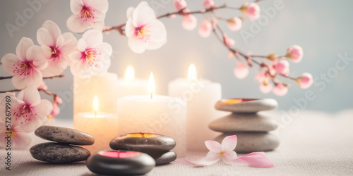 Concept Feng Shui. Zen spa relaxation. Ambiance salon de beaut   et de massage. Banni  re avec fleurs de cerisier sakura  bougies et pierres empil  es. Atmosph  re calme et reposante. Generative AI