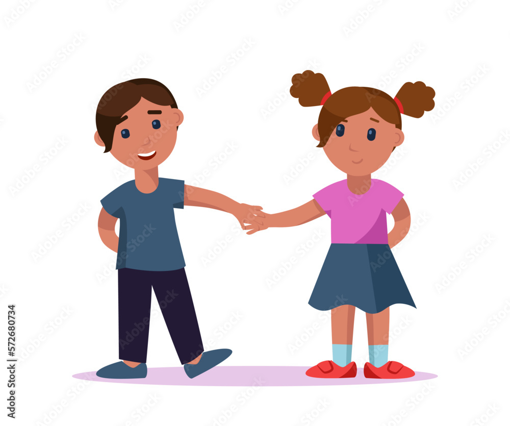 Cute little boy and girl holding hands flat vector illustration. Cartoon drawing of children spending time together on white background. Childhood, first feelings, friendship concept