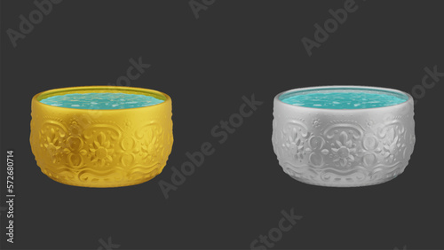 element of gold and silver bowl with water thai culture from image traced 3d. songkran festival thailand travel.