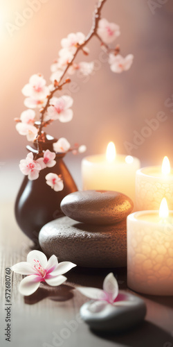 Concept Feng Shui. Zen spa relaxation. Ambiance salon de beauté et de massage. Bannière avec fleurs de cerisier sakura, bougies et pierres empilées. Atmosphère calme et reposante. Generative AI