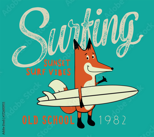 vector comic surfer fox illustration for t shirt print