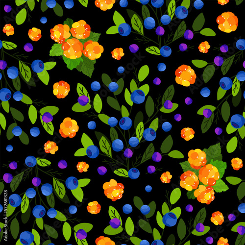 Vector seamless pattern with cloudberry and bluberry with branches and leaves on black background.