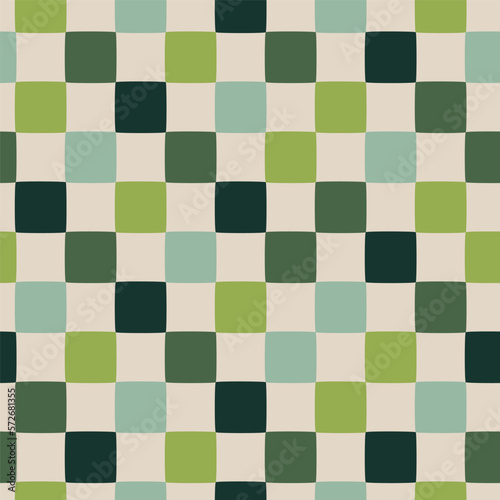 Green checkered seamless pattern, gingham repeat texture for textile - print, plaid, tablecloth, fabric, clothes, quilts, blanket surface design, wallpaper. Vector hand drawn background.