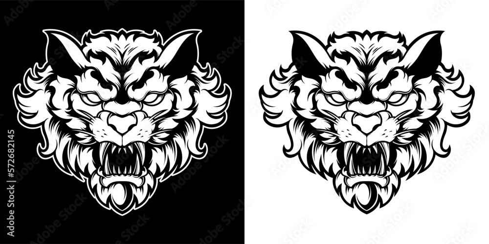BLACK AND WHITE TIGER HEAD LOGO ILLUSTRATION BLACK AND WHITE TIGER HEAD LOGO ILLUSTRATION