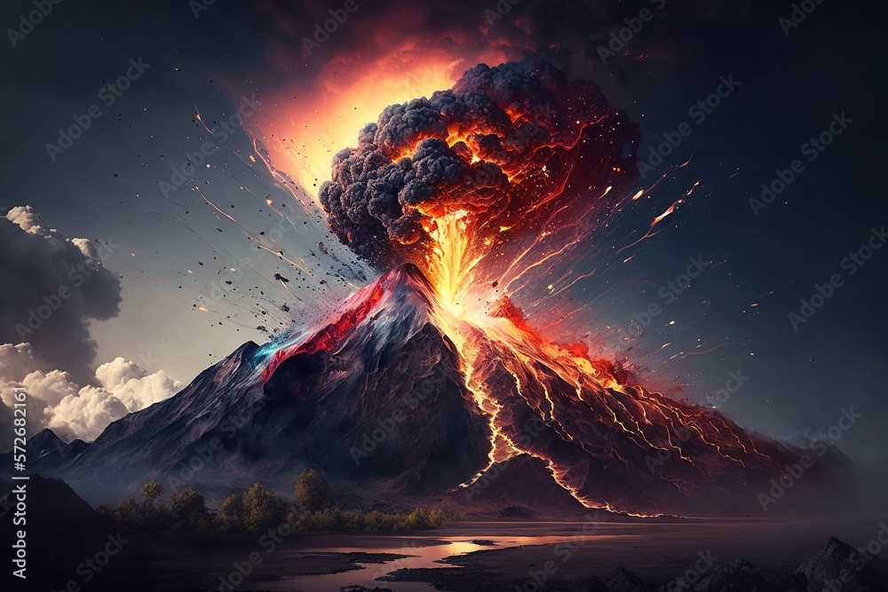 Explosion, volcanic eruption, fire and smoke on the mountain, natural disaster. Generative AI