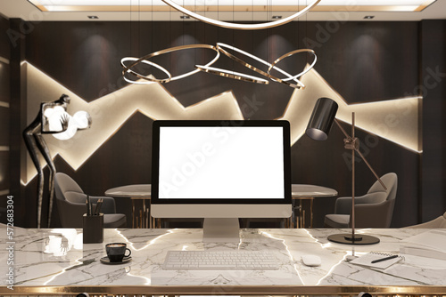 Desktop computer white frame on work desk, 3d office background