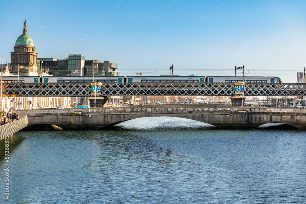The Talbot Memorial Bridge and the Railway Bridge over the River Liffey in Central Dublin, Ireland