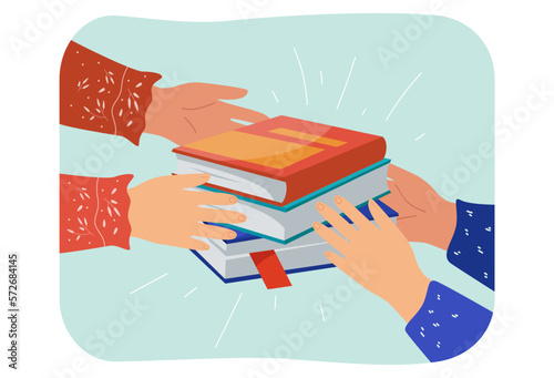 Hands of two people holding books vector illustration. Cartoon drawing of librarian, teacher or friend giving person textbooks on white background. Knowledge, library, education concept