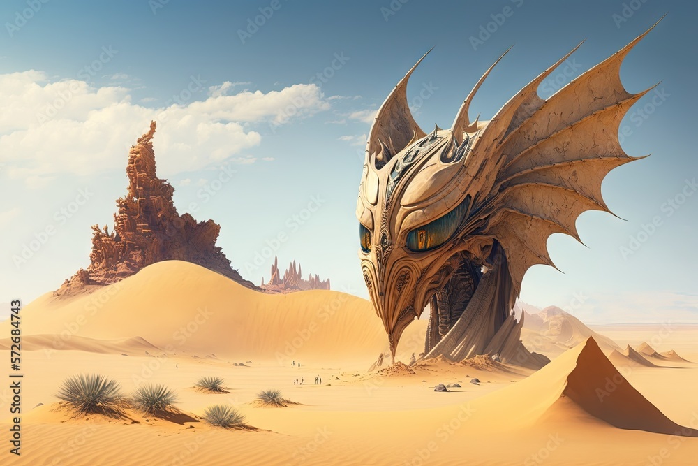desert landscape with towering sand dunes that resemble the scales of a ...
