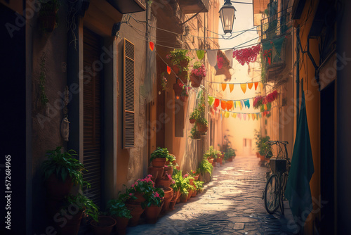 narrow street in the old town with old buildings.Generative Ai