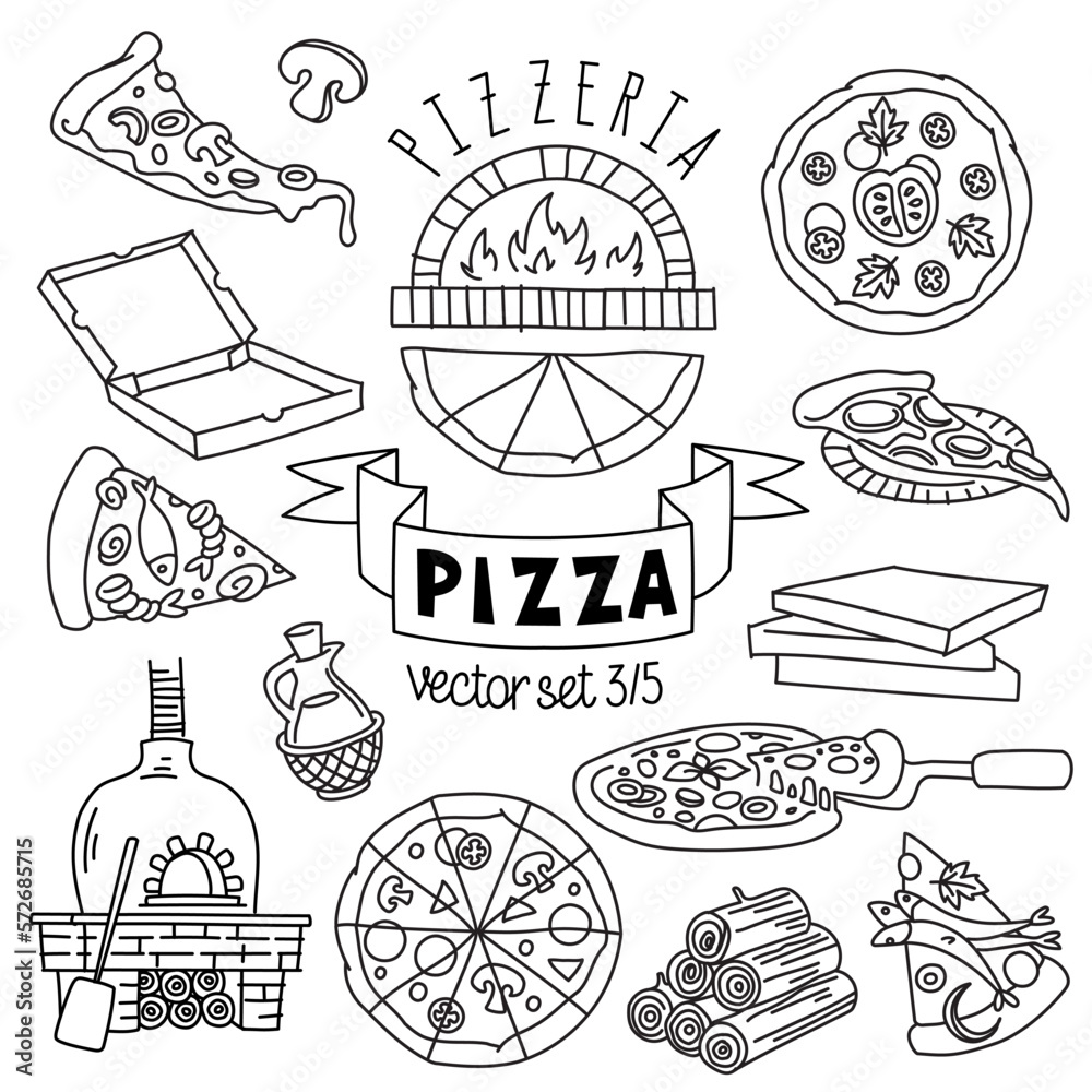 Vecteur Stock Pizza vectors drawings set. Pizza types, slices and ...