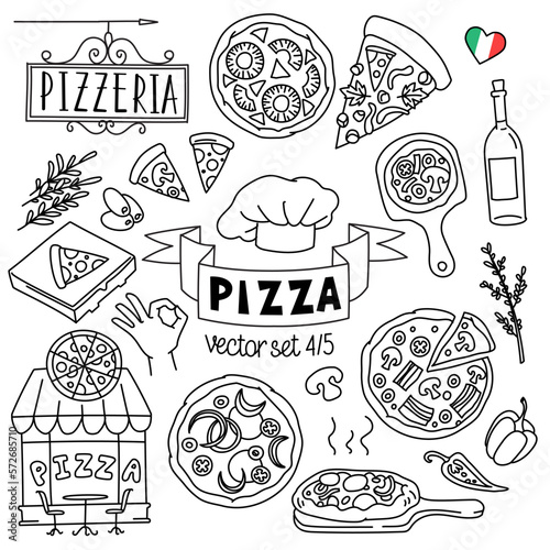 Pizza vectors drawings set. Pizza types, slices and cooking ingredients for pizzeria menu and pizza delivery. Vector illustration. Outline stroke is not expanded, stroke weight is editable