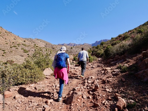 Hikers trekking in Ourika Valley, High Atlas Mountains, Morocco. photo