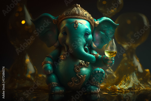 Adorable green glowing God Ganesh 3D Character. Generative AI