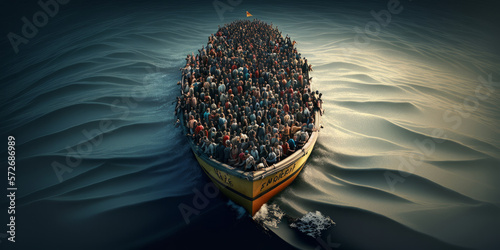 Fotótapéta Migrants and refugees take a dangerous journey in a boat on the ocean
