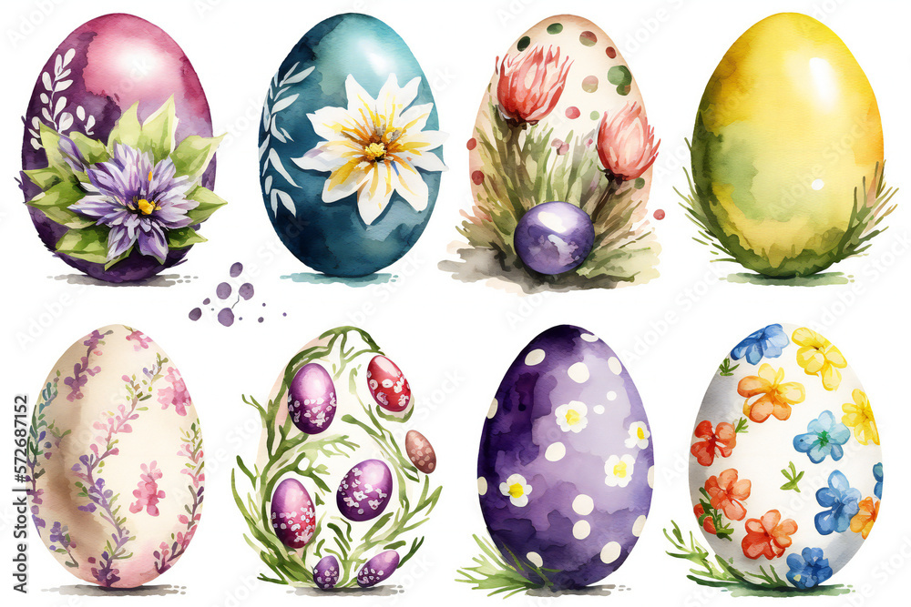 Fototapeta premium Watercolor easter eggs collection, ai generated