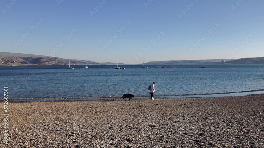 Two persons with black dog walking along beach, yachts on water on horizon. Two persons with black dog walking along beach, yachts on water on horizon.