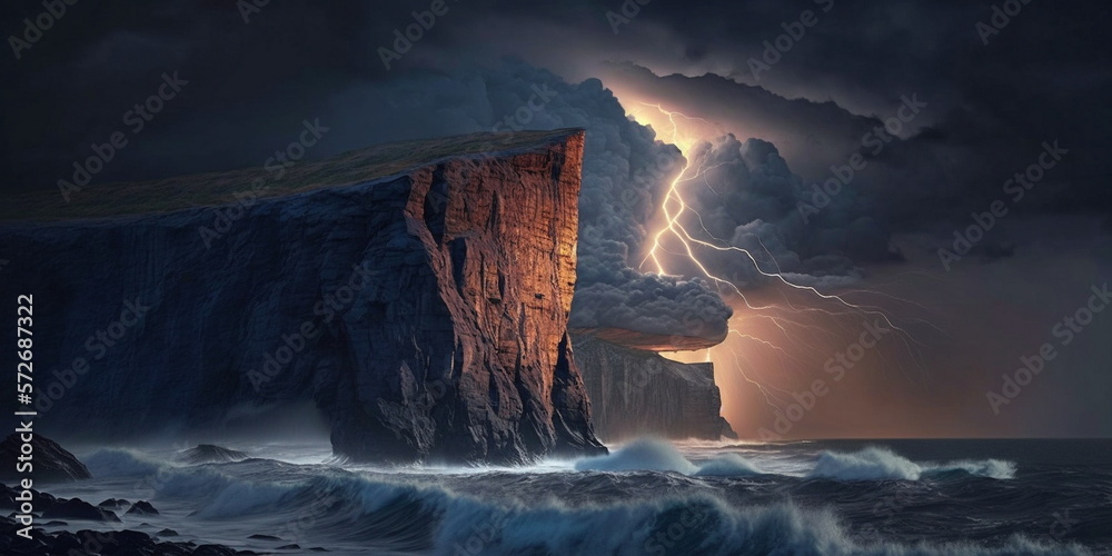   storm  on  sea at sunset lightening wild nature dramatic cloudy sky sun beam tree on  rock and ocean water wave dramatic nature generated ai - obrazy, fototapety, plakaty 
