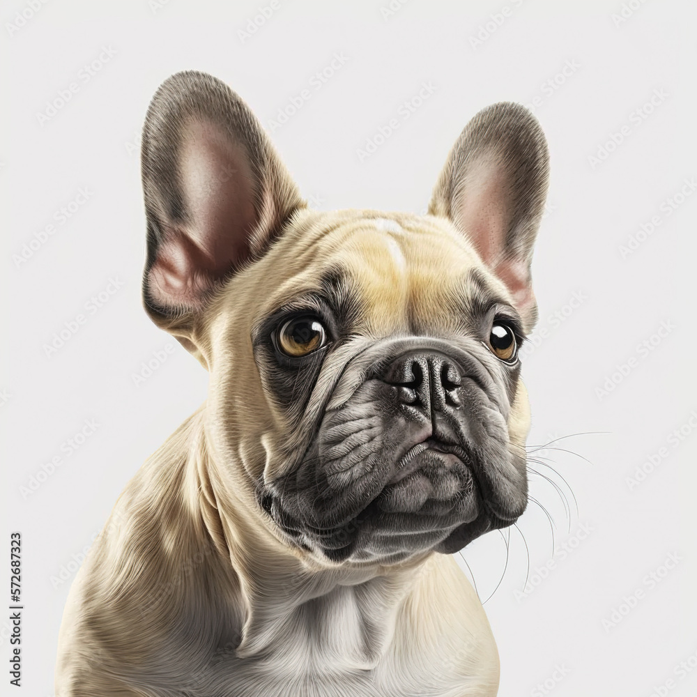 Portrait of a french bulldog on a white background. Photorealistic image created by artificial intelligence.