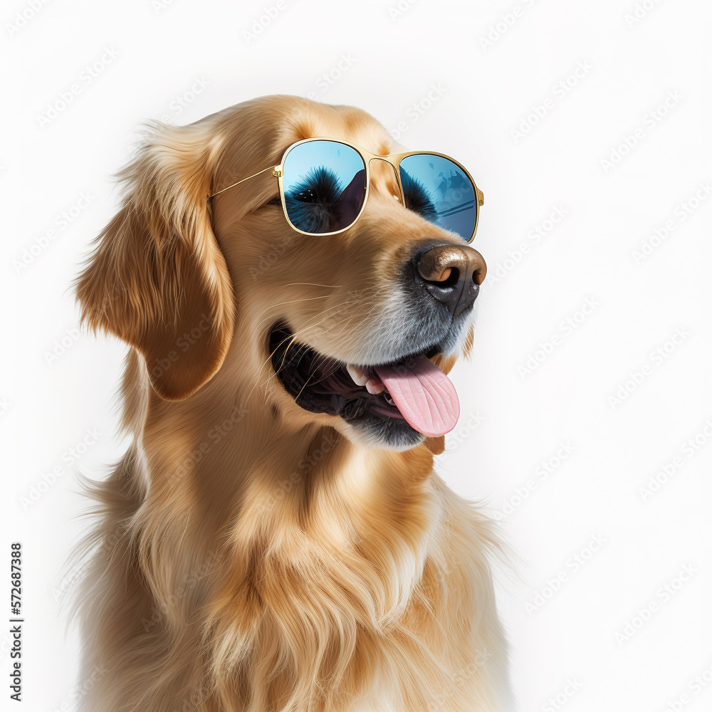 Portrait of a golden retriever in sun glasses on a white background. Photorealistic image created by artificial intelligence.