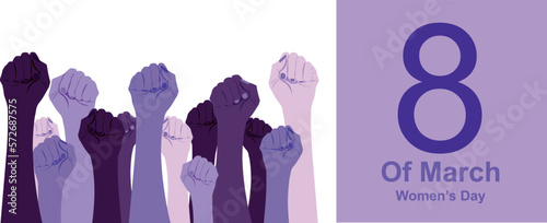 Women's day banner. March eight. Feminist fists. Women's empowerment. Violet color range