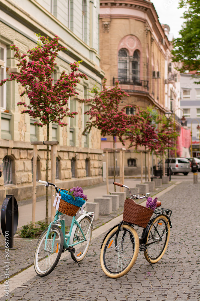 Two beautiful bicycles on the street.Bicycle with flowers on a street.