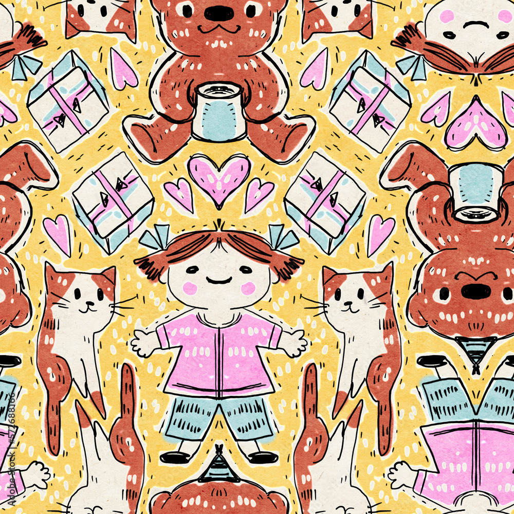 Seamless pattern with dolls, bears and cats