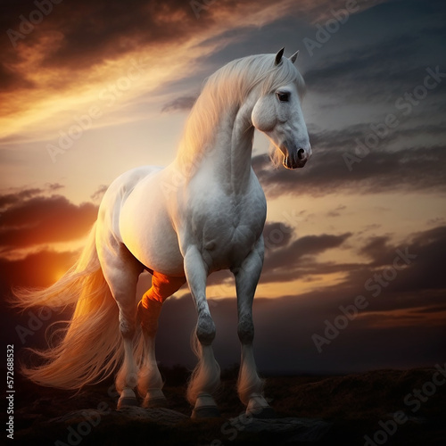 A majestic white horse with a wild mane, standing against a dramatic sunset. Created using ai generative. 
