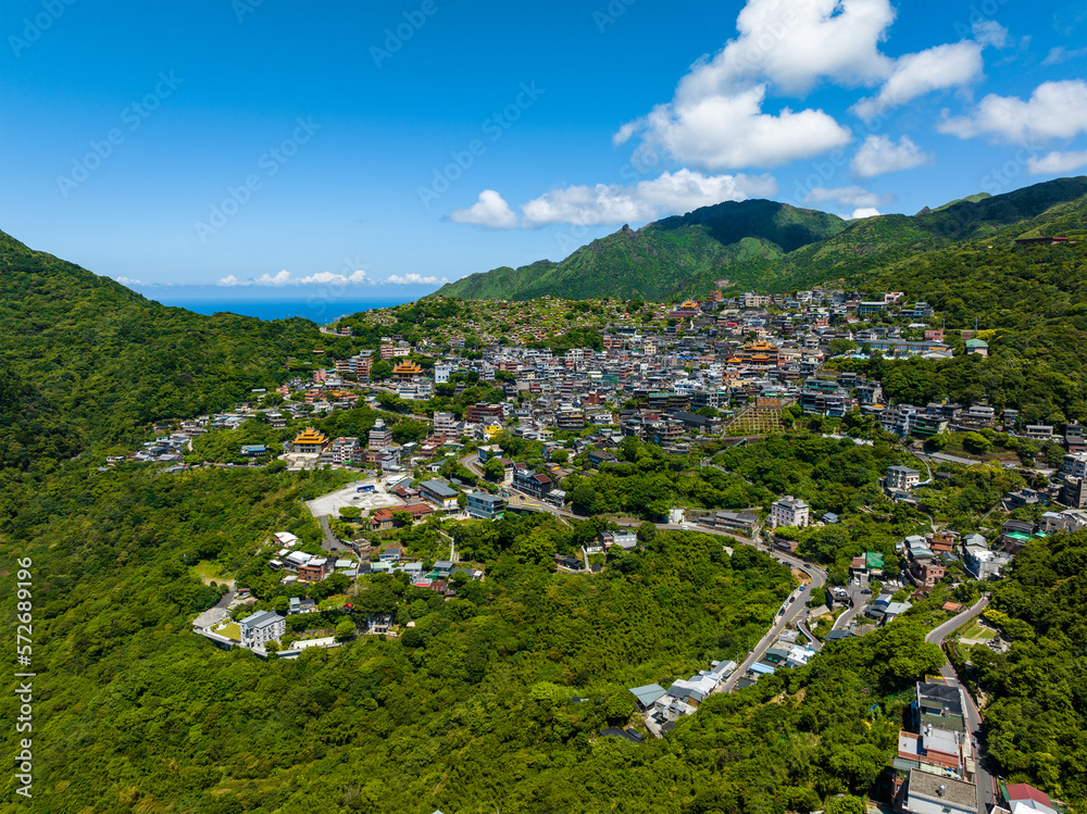 Drone fly over Jiufen village in Taiwan