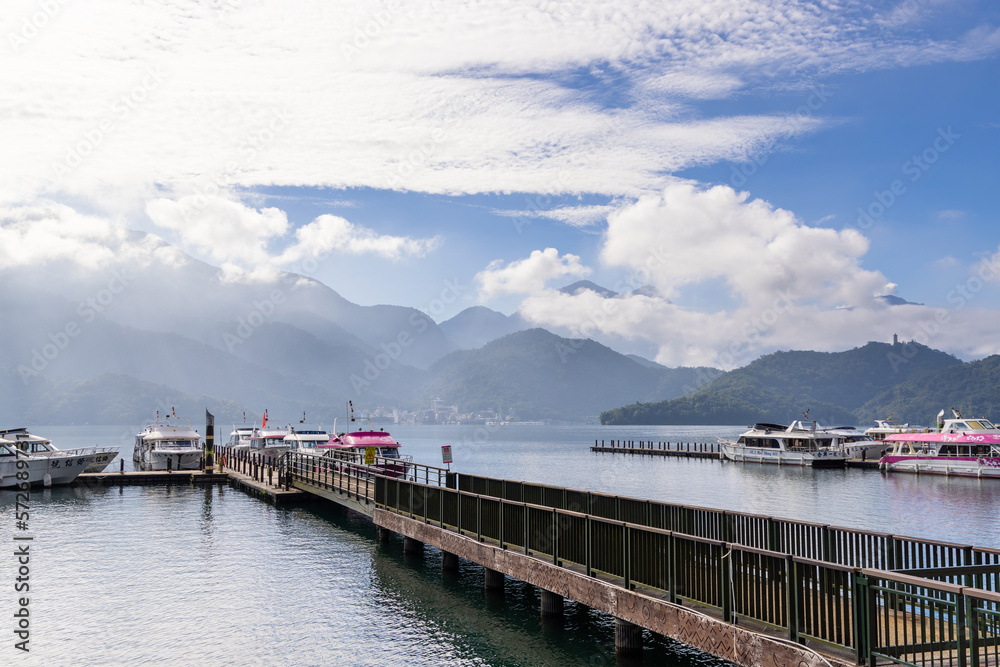 Foggy weather in Sun moon lake jetty pier at Nantou of Taiwan Foggy weather in Sun moon lake jetty pier at Nantou of Taiwan
