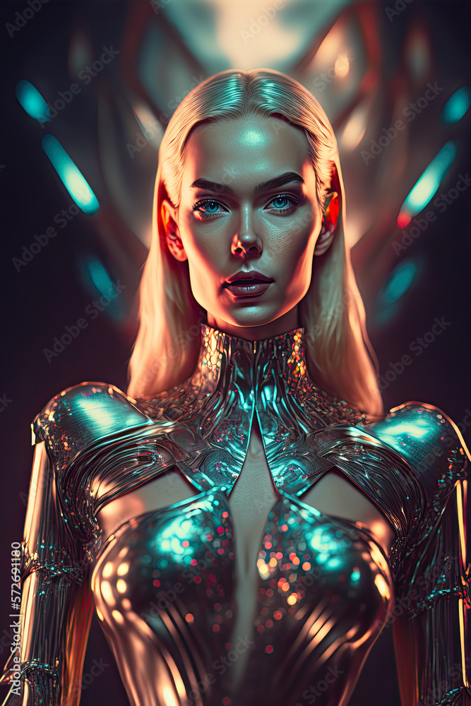 Beauty Woman in Silver Latex Suit. Generative AI, non-existent person.	