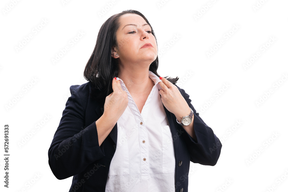 Female model preparing for business arranging collar of shirt Female model preparing for business arranging collar of shirt