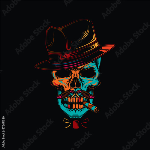 Original vector illustration in neon style. Skull gangster in hat, with mustache, and cigar in mouth