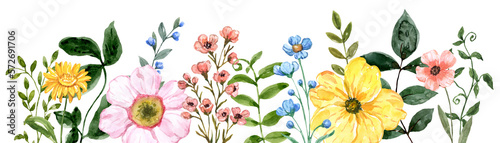 Wildflowers border features painted watercolor summer plants  and green grasses   colorful flowers and herbs on white background. Botanical illustration.