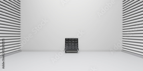 interior space studio Japanese style architecture Zen a solitary sofa in a modern empty room with minimalist slatted walls Product display 3D illustration
