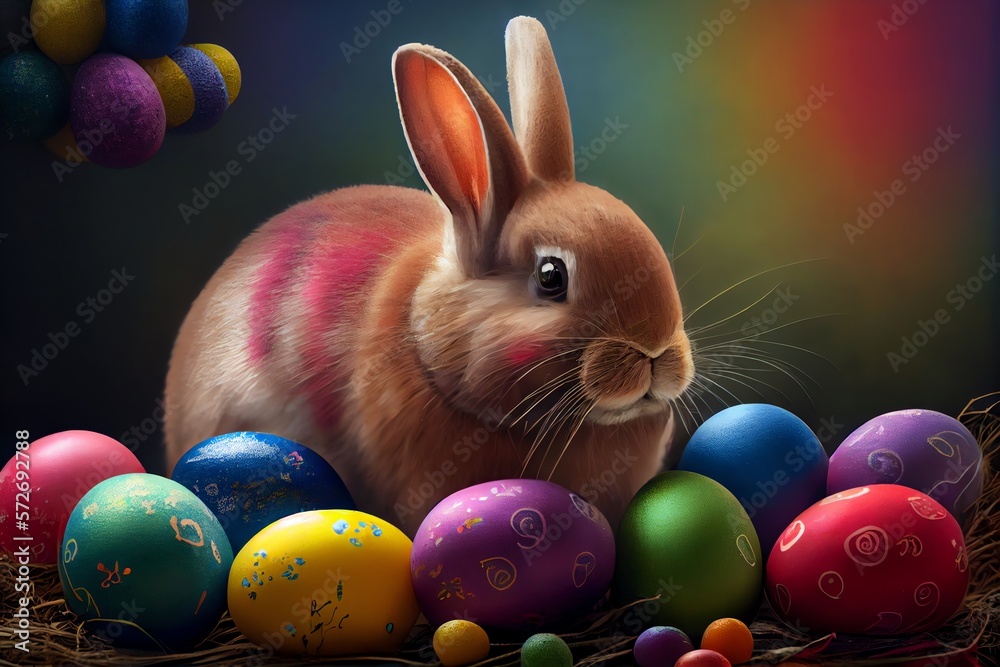 Happy Easter Bunny With Many Colorful Easter Eggs. Generative AI