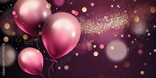 Pink birthday balloons over abstract background. AI Generative