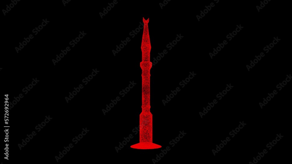 Fototapeta premium 3D minaret on black bg. Object dissolved red flickering particles. Business background. Science concept. Abstract bg title, presentation. Holographic screensaver. 3D animation