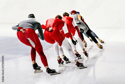 group man athletes skaters warm up during speed skating competition