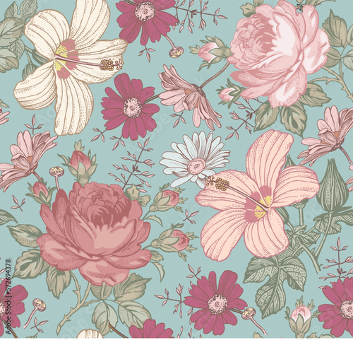 Seamless pattern. Beautiful pink blooming realistic isolated flowers. Vintage background. Set Chamomile Roses hibiscus mallow wildflowers. Wallpaper. Drawing engraving. Vector victorian Illustration