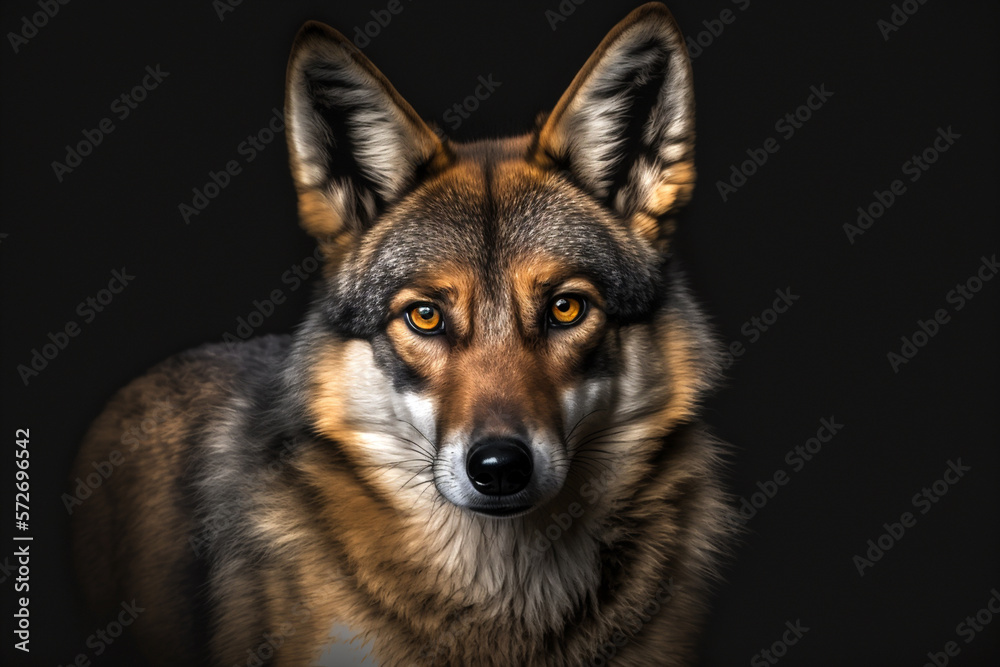 Generative AI illustration of a iberian wolf of Spain (European wolf) with hazel eyes looking at camera against dark background