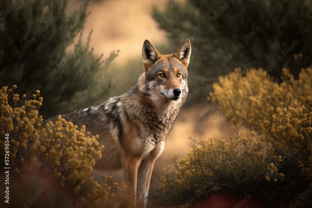 Generative AI illustration of a iberian wolf of Spain (European wolf) with hazel eyes looking at camera in nature - obrazy, fototapety, plakaty 