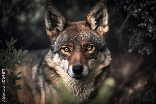 Generative AI illustration of a iberian wolf of Spain (European wolf) with hazel eyes looking at camera in nature photo
