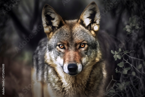 Generative AI illustration of a iberian wolf of Spain (European wolf) with hazel eyes looking at camera in nature